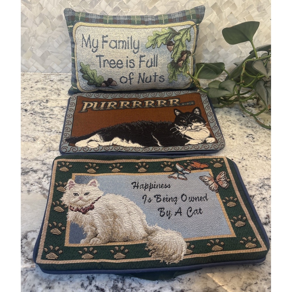 Vintage Tapestry Pillow w/ 2 Interchangeable Covers Cat Humor Nuts Cottagecore